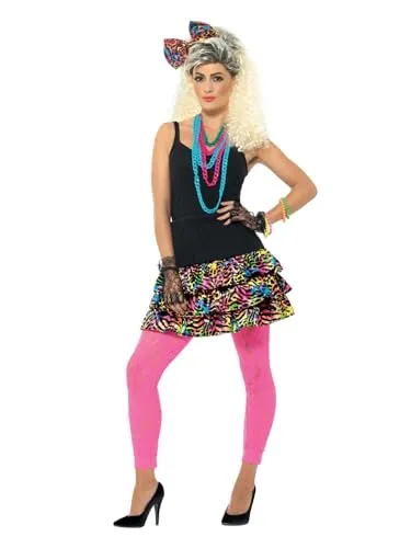 Kimmy 80er Rock Mit Haarschleife Und Ketten - M-L - Kostüme für die 80er Jahre Party, inspiriert von Kim Wilde und Madonna, inklusive Stirnband und Regenbogen-Leopardenmuster, ideal zum Durchtanzen!