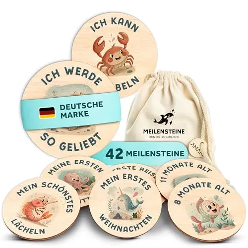 AMARI ® Meilensteinkarten Baby aus Holz (42 Stück) - Baby Geschenk zur Geburt - Babyparty Deko, Babygeschenk Junge Mädchen, Babygeschenke, Geschenk Geburt Neugeborene Babyshower (Bunt)