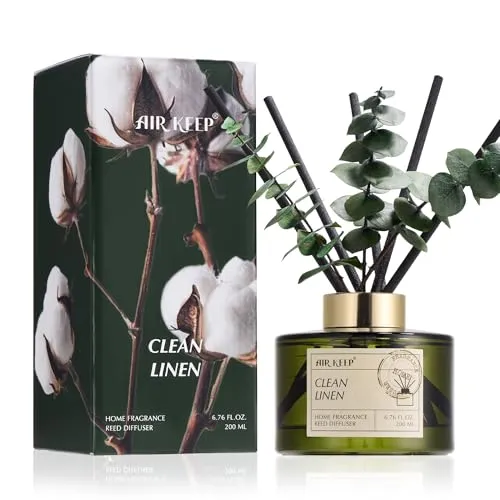 Airkeep Raumduft mit 8 Duftstäbchen 200ml, Clean Linen Langanhaltend Duft, Lufterfrischer für Zuhause, Deko für Badezimmer, Schlafzimmer, Wohnzimmer
