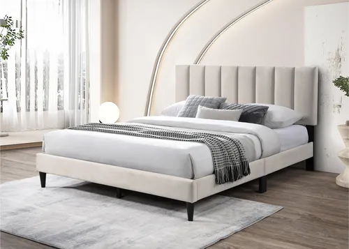 Polsterbett 140x200 cm mit Lattenrost, Beige - Bequemes Polsterbett mit weichem, gestepptem Kopfteil für hohen Liegekomfort. Ideal für kleine Schlafzimmer und einfach aufzubauen.