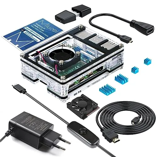 Miuzei Gehäuse Case für Raspberry Pi 4B 2GB/4GB/8GB, mit Lüfter & Netzteil | 9-Schicht Acryl Gehäuse, Leiser Lüfter mit Kühlkörpern, 5.1V 3A 15.3W USB-C Netzteil mit Schalter, HDMI Kabel