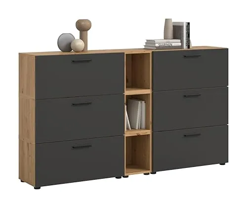 xonox.home Wohnkombination The One - Artisan Oak & Basalt Grau - Stilvolle Wohnkombination in Artisan Oak und Basalt Grau. Mit 6 Klappen und 12 Fächern bietet sie viel Stauraum bei kompakten Maßen von 176x99x34 cm. Pflegeleichte Oberflächen und einfache Montage sorgen für hohen Nutzungskomfort.