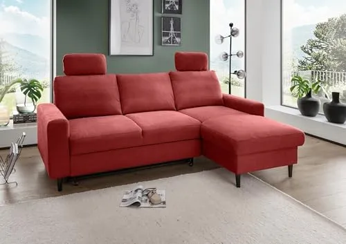 möbelando Ecksofa Pris in Rot mit Schlaffunktion & Stauraum – Modernes Mikrofaser-Sofa (234 cm, Recamiere rechts, 195x116 cm Liegefläche) – Robuster Bezug, Teilmontage