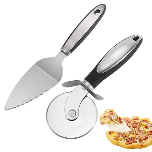 ORAGKE Pizzaschneider Set, Pizzaroller Kuchenheber 2 in 1 mit Rutschfestem Griff, Pizza Schneider Edelstahl Spülmaschinenfest, Pizza Cutter und Tortenheber für Pizza, Torten, Waffeln, Kuchen, Teige