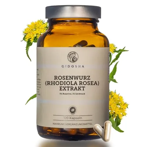 QIDOSHA® Rosenwurz Extrakt 120 Kapseln - Laborgeprüft im Apothekerglas - Hochwertiger Rosenwurz-Extrakt aus 100% Wildsammlung, garantiert mit 3% Rosavin und 1% Salidrosid. Jede Charge wird in Deutschland laborgeprüft. Ideal für höchste Ansprüche an Qualität und Reinheit.