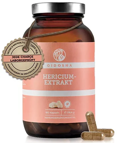 QIDOSHA® Hericium Erinaceus 30:1 Extrakt Kapseln hochdosiert, 180 Stk, 1300 mg Hericium Vitalpilz Extrakt pro Tagesdosis, Premium-Dual-Extrakt, Igelstachelbart Kapseln, Löwenmähne Pilz, lions mane