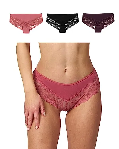 Snocks Hipster Lace 3er Pack - Damen Baumwolle Panties mit Spitze - Größe L - Farben Mix (Mauve/Wine/Schwarz) - Hochwertige Snocks Hipster Lace Unterwäsche für Damen in Größe L. Aus 95% Bio-Baumwolle, bietet sie hohen Tragekomfort und ein elegantes Design. Nahtlos und unsichtbar unter der Kleidung, ideal für den Alltag.
