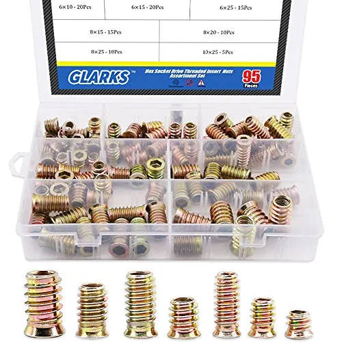 Glarks Einschraubmuttern, 95 Stück, Zinklegierung, Sechskant, Flansch, Gewinde, Sortiment Set für Holzmöbel