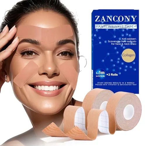 Kollagen Face Tape, Flexibles Gesichtstape zur Ganzheitlichen Anti Falten Pflaster, Sanfte Hautglättung & Übernachtungs Lifting für Stirn, Nasolabialfalten, Zygo,Hals und Kinn, 2 Rollen(2.5cm x 5m)