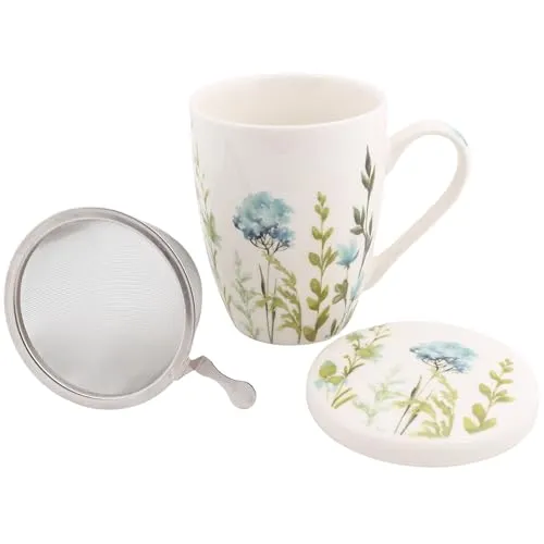 Teeset: Porzellanbecher, Tasse mit Teesieb und Deckel für Kräuter – verpackt in einer Geschenkbox (E)