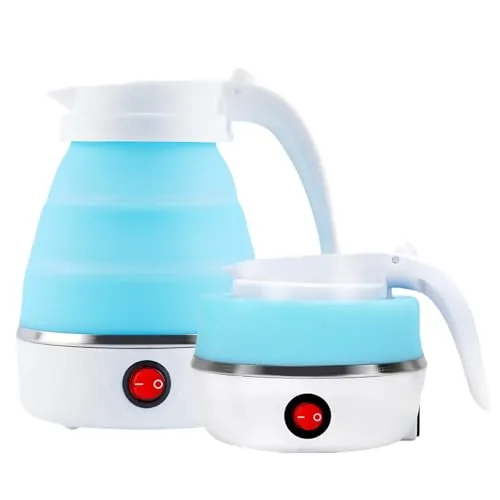 Faltbarer Wasserkocher, 600ml Reise Wasserkocher Klein, Silikon Kompakt Wasserkocher Klein Platzsparend für Camping, Reise, Outdoor (Blau)