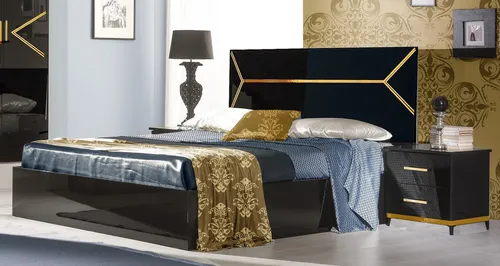 Klassisches Schlafzimmer Set 3tlg. Bett mit 2 Nachttischen in Schwarz-Gold - Elegantes 3-teiliges Set für Ihr Schlafzimmer: Bett (160x200 cm) und 2 Nachttische. Modernes Design, aus robustem Holz, ideal für stilvolle Räume. Montage nicht erforderlich.