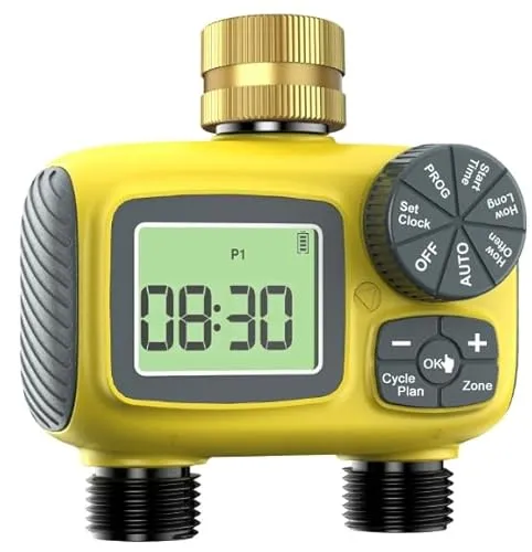 OBEST Bewässerungscomputer mit 2 Ausgänge,Programmierbare Tropfschlauchbewässerung mit Messingeinlass, Automatische Bewässerung Zeitschaltuhr mit Großes LCD-Display mit Regenverzögertem/Manuellem/Wass