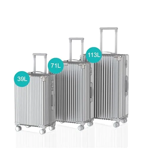 Voyagoux Kofferset 3 teilig - 39L,71L & 113L, Hartschalenkoffer Set, TSA-Schloss, ABS, 4X 360° Rollen, Robust und Leichtgewicht Suitcase, Silber
