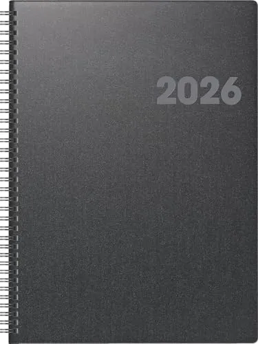 BRUNNEN Buchkalender Mod. 763 2026 | A4, vulkanschwarz - Einkaufsführer: 2 Seiten pro Woche, viersprachig mit umfassenden Notizseiten und Ferienterminen für mehrere Länder - ideal für effiziente Planung.