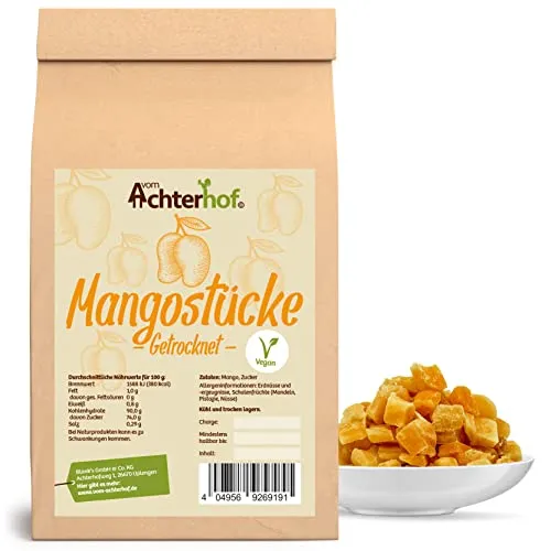 Mangostücke getrocknet 500g | getrocknete Mango in kleinen Stücken | vegane Trockenfrüchte | der ideale Snack | saftiger Geschmack und tropisch leckeres Aroma | vom Achterhof