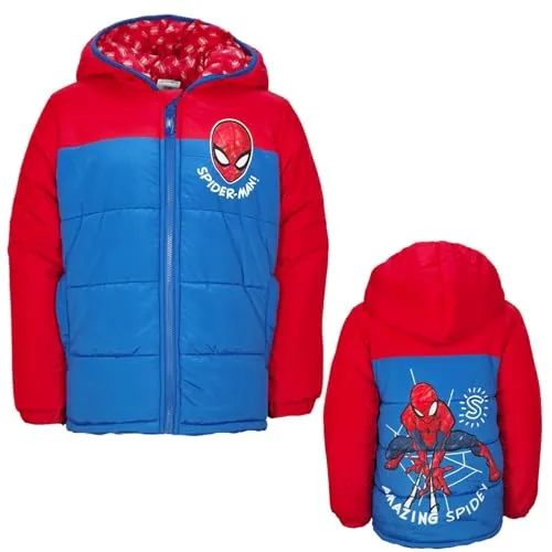 Spiderman Winterjacke für Jungen mit Kapuze | Warm gefüttert & gesteppt | Front- & Backprint | Größen 92–128 | In Rot oder Blau | Offizielle Kinderjacke, Farbe: Rot, Bekleidungsgröße: 104/110
