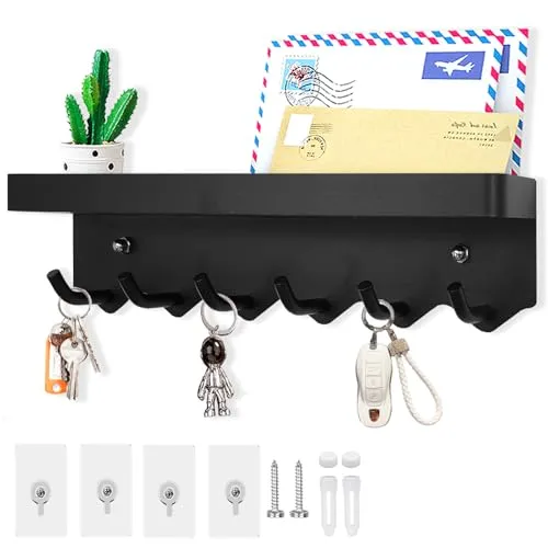 Echehi Schlüsselhalter mit 6 Haken, Einfach zu Installierende Schlüsselbrett Ohne Bohren, Metall Schlüsselablage, Garderobe, Briefständer, Geeignet für Eingangsbereiche und Hinter Türen. Schwarz