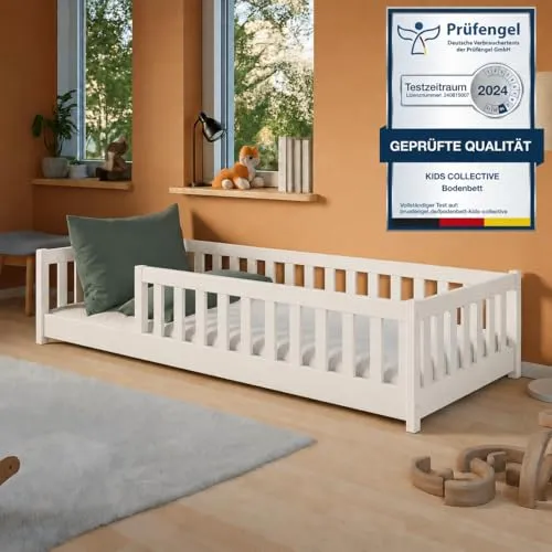 Kinderbett Bodenbett 90x200 cm mit Rausfallschutz und Matratze - Sicheres und stilvolles Bodenbett für Kinder, ideal für selbstständiges Ein- und Aussteigen. Das stabile Kiefernholzgestell sorgt für Langlebigkeit und Geborgenheit im Kinderzimmer. Inklusive Matratze und Lattenrost.