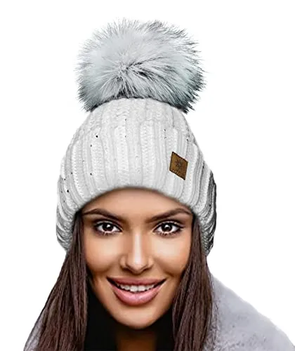 4sold Damen Wurm Winter Style Beanie Strickmütze Mütze mit Fellbommel Bommelmütze Hat Ski Snowboard Pelz Bommel Pompon Kreis Kleine Kristalle Crystals (Weiß)