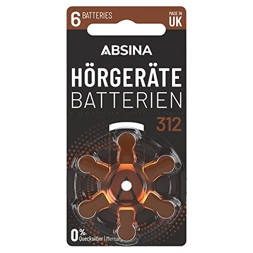 ABSINA Hörgerätebatterien 312 6 Stück mit gut greifbarer Schutzfolie - Batterien für Hörgeräte 312 Zink Luft mit 1,45V - Typ 312 Hörgeräte Batterie Braun - PR41 ZL3 P312 Hörgerätebatterien