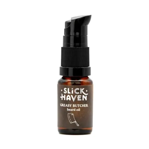 Slickhaven Greasy Butcher Bartöl 10 ml – Leder-Tierischer Duft mit süßen und würzigen Noten – Handgefertigte Qualität – Natürliche Bartpflege – Schützt und spendet Feuchtigkeit dem Bart