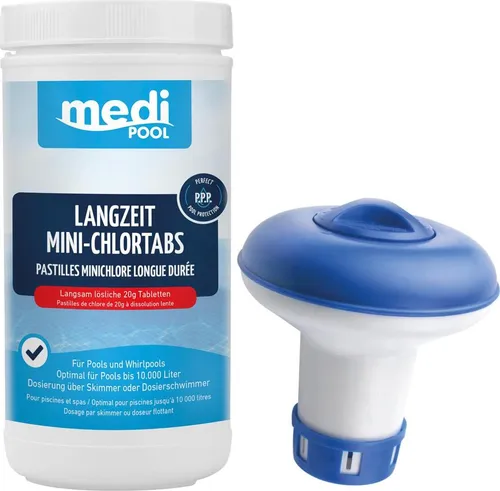 mediPOOL Wasserpflegeset Langzeit MiniChlorTabs (je 20g) 1 kg und Dosierschwimmer