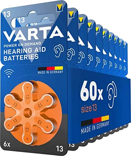 VARTA Hörgerätebatterien Typ 13 - 60 Stück Vorratspack - Hochleistungs-Hörgerätebatterien Typ 13 im praktischen 60er Vorratspack. Garantierte Lagerfähigkeit von 4 Jahren und bis zu 40 Stunden zusätzliche Laufzeit für Ihr Hörgerät. Made in Germany.
