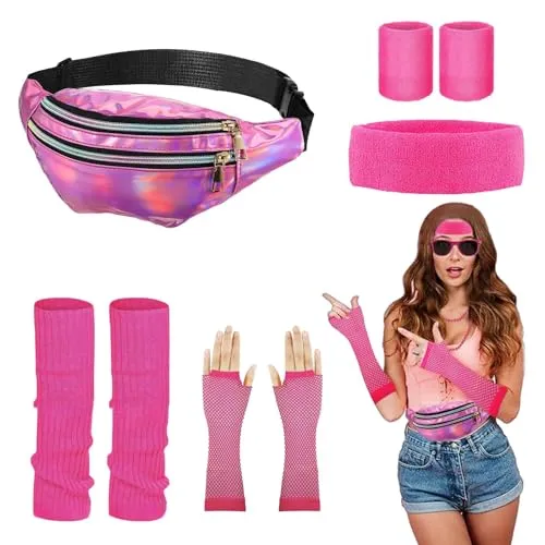 80S Outfit Damen 80 90er Jahre Disco Accessoires Retro Mottoparty Kostüm, Beinhaltet 1*Stirnband 2*Beinwärmer 2*Armbänder 1*Neon-Netzhandschuhe 1*Wasserdicht Gürteltasche Neon Karneval Fasching Party