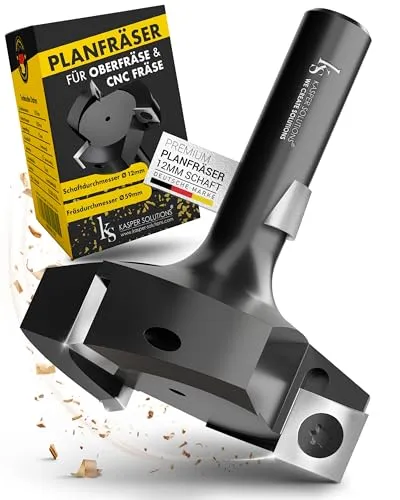 Kasper Solutions® Planfräser 12mm Schaft - Profi Hobelfräser für Oberfräse & CNC-Fräse - T-Nut-Fräser mit 12mm Schaft, ideal für präzise Holzbearbeitung. Die spezielle Geometrie sorgt für geräuscharmes Fräsen und höchste Qualität aus Deutschland.