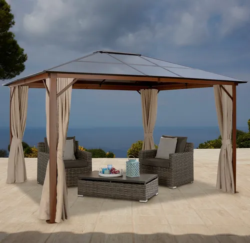 KONIFERA Pavillon Holzoptik mit 4 Seitenteilen - Rechteckiger Pavillon (300x365 cm) mit robustem Aluminiumgestell, ideal für Gartenpartys oder entspannte Stunden im Freien.