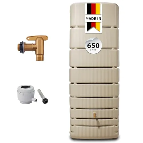 4rain Slim Regentonne 650 Liter sandbeige - Regentonne für Garten, platzsparend und ideal für nachhaltige Regenwassernutzung mit 650 Litern Volumen. Wetterfest und langlebig aus Recyclingkunststoff.