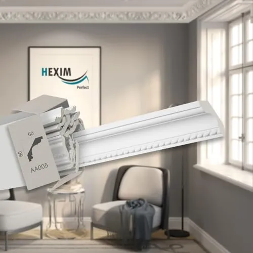 HEXIM Perfect 2 Meter Zierprofile - große Auswahl, (AA005-60x60mm) - Stuckleiste aus PU gemustert, weiß, stoßfest - Eckleiste Dekorleiste Stuckprofil Zierleiste