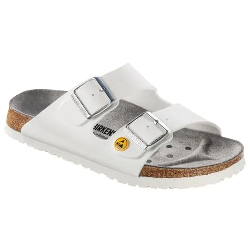 Birkenstock Pantolette Arizona ESD Weiß 44 - Wanderschuhe mit ESD-Zulassung, anatomisch geformtem Kork-Latex-Fußbett und verstellbarer Dornschnalle für optimalen Tragekomfort.