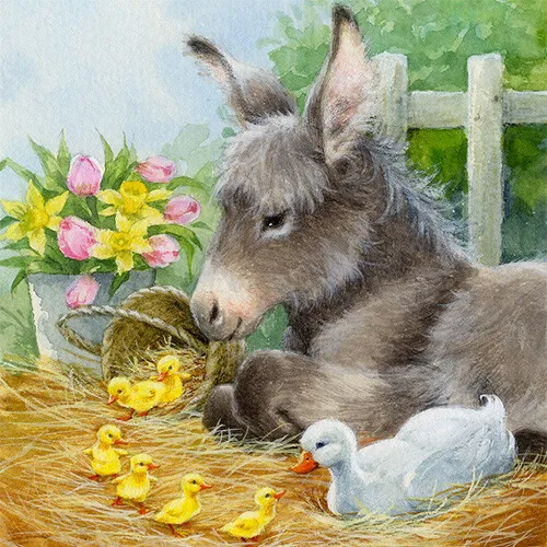 Servietten Donkey with cute Chicks Esel Küken Bauernhof Tiere Ostern 33x33cm 20