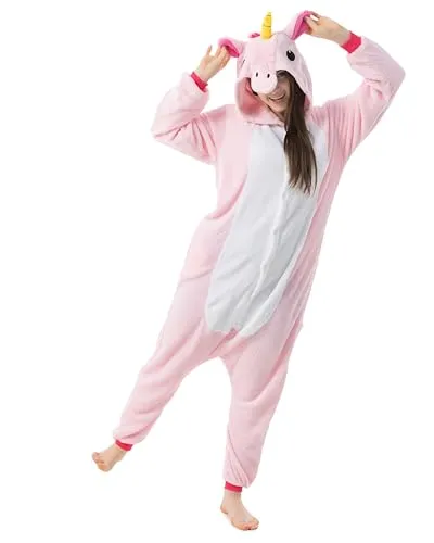 Katara Einhorn Jumpsuit - Kuscheliger Partyanzug für Erwachsene S-XL - Partyanzug für Karneval und Festlichkeiten, kuscheliger Fleece-Einteiler mit niedlichen Einhorn-Verzierungen und praktischen Seitentaschen.