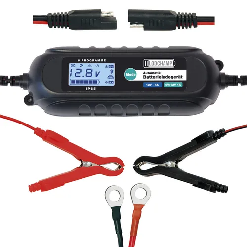 LODCHAMP 4A Intelligentes Batterieladegerät - Vollautomatisches 6V/12V KFZ-Ladegerät mit Desulfator und LCD-Display für verschiedene Batterietypen. Ideal für Auto, Motorrad und Boot, bis 120Ah bei Erhaltungsladung.