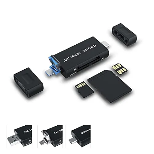 JJC SD NM Kartenleser aus Metall, 3-in-1 USB 3.0 Micro USB 2.0 Type-C 3.0 mit 3 Kartensteckplätzen Speicherkartenleser für SD SDHC SDXC Micro SD Micro SDHC Micro SDXC NM Nano Speicherkarten (Schwarz)