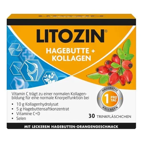 Litozin Hagebutte + Kollagen Trinkfläschchen - Arzneimittel mit 5 g Hagebuttensaftkonzentrat und 10 g Kollagenhydrolysat, fördert gesunde Knochen und Gelenke, ideal für unterwegs mit fruchtigem Hagebutten-Orangengeschmack.