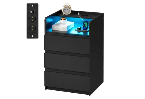 BEWISHOME Nachttisch mit LED-Beleuchtung und Steckdosen von BEWISHOME