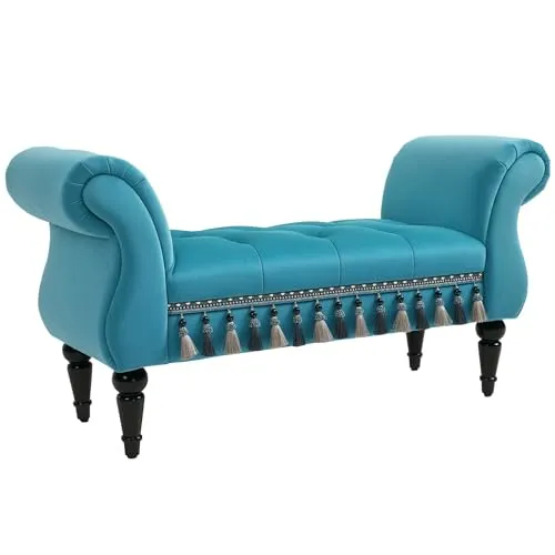 HOMCOM Polsterbank mit Holzbeinen – Elegante Sitzbank in Blau - Polsterbänke – Stilvolle Bettbank mit bequemem Samtbezug und einer robusten Belastbarkeit von 150 kg, ideal für jedes Zuhause.