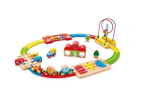 Hape 3826 Regenbogen-Puzzle Eisenbahnset - Rennbahn-Kinderspielzeug mit bunten Schienen und multifunktionalen Elementen, die spielerisch Formen und Farben fördern. Ideal für Kleinkinder ab 18 Monaten.