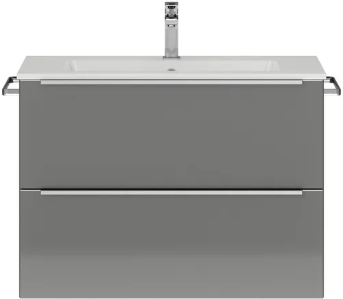 Badmöbel-Set NOBILIA Programm 1 - Stylisches Badmöbel-Set mit 80 cm Mineralmarmorwaschtisch, eleganter Griffleiste in chrom matt und schiefergrauer Hochglanzfront für ein modernes Badezimmer.