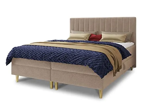 Sofnet Boxspringbett Gold mit 2 Bettkästen und Topper - Doppelbett, Bonell-Matratze, Polsterbett, Bett mit Matratzentopper, Schlafzimmer, Velours Stoff (Beige (Manila 02), 180 x 200 cm)