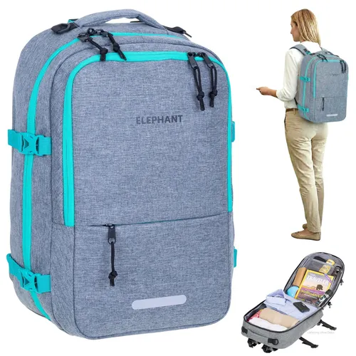 Rucksack Handgepäck Damen Elephant Fly Medium Large Grau Türkis - Leichter Handgepäck-Rucksack für Damen, ideal für Reisen. Mit 2 Hauptfächern, Geheimfach und Laptopfach (bis 15,6