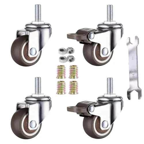 GEOCANG 4er Set 32 mm Lenkrollen für Möbel, M6 x 15 mm Gewinde, mit Bremse bis 15 kg pro Rad, Weichgummi Möbelrollen(32 mm-mit Bremse)