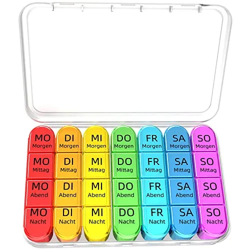 Doruimi Tablettenbox 7 Tage Morgens Mittags Abends, Klein Pillendose Große Fächer, Medikamentenbox 7 Tage 4 fächer mit Einfachem Offenem Design FüR Kinder äLtere und Arthritische HäNde - Weiß