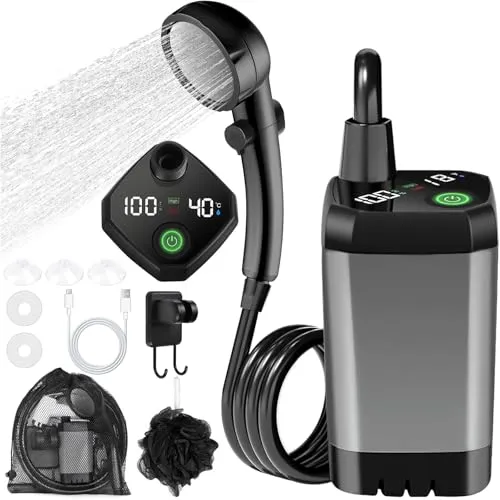 MZJAUVF Campingdusche mit Pumpe - Tragbare Solardusche mit 6000mAh Akku für 120-150 Minuten Nutzung, ideal für Camping, Reisen und Garten. Ausgestattet mit LED-Display und 4 Wasser-Modi für höchsten Komfort.