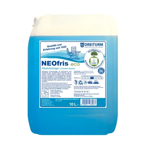 Dreiturm NEOfris eco DreiNatura 10 L Universalreiniger - Bodenreiniger auf Alkoholbasis, ideal für alle wasserbeständigen Oberflächen. Reinigt schnell und streifenfrei, ohne Rückstände zu hinterlassen.
