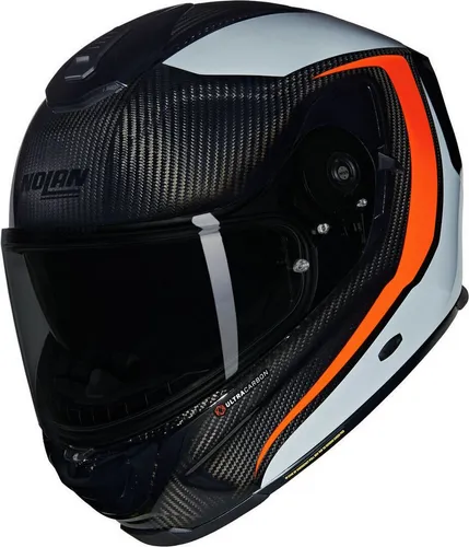 Nolan X-903 Ultra Carbon Intrigo 344 - Sporttouring Helm - Motorradhelm mit hoher Karbonanteil für außergewöhnliche Leistung und Stil. Der X-903 bietet innovative Sicherheitsfeatures wie das Nolan Emergency Release System (NERS) und eine magnetische Visierhalterung.